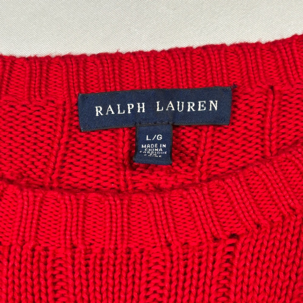 Ralph Lauren Sweater Mens Large Red Cable Knit Cotton Crewneck Long Sleeve Pony - Picture 4 of 11